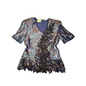 VTG Stenay Sequin Beaded Floral Top Women’s Size Small‎ Blue Black Short Sleeve